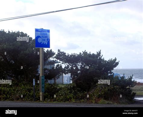 Tsunami warning signs along U S Highway 101 on the Oregon Coast caution ...