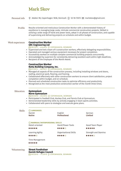 Image result for Construction Worker Resume Examples