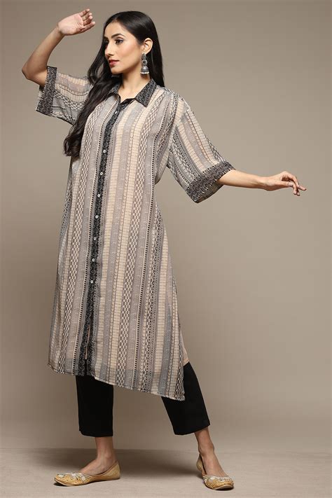 Beige & Black Cotton Blend Straight Printed Kurta