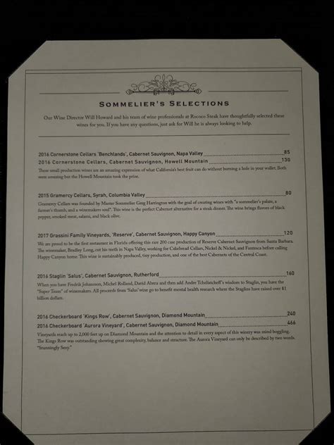 Menu at Rococo Steak steakhouse, Saint Petersburg