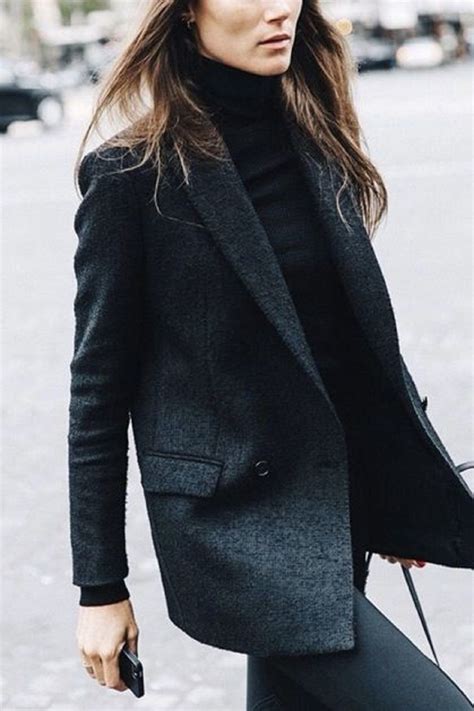 Add a chic black turtleneck sweater with a tweed boyfriend blazer for a ...
