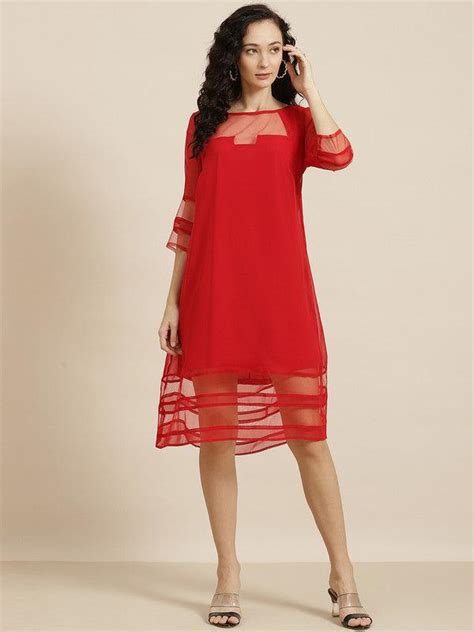 Solid Dark Red Loose Fit Fusion Round Neck Three Quarter Georgette Dre