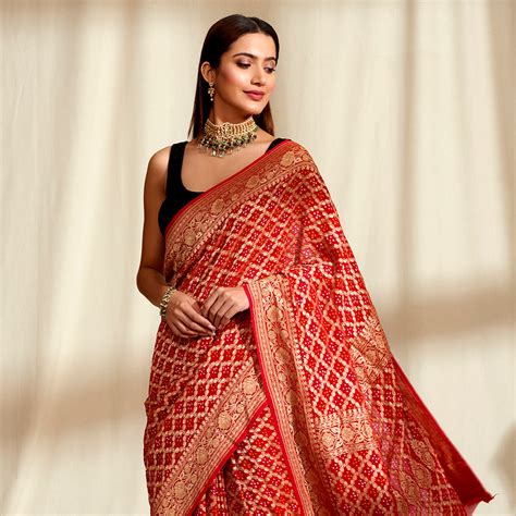 Handwoven Banarasi Bandhej Saree in Red with Gold Zari Weave – WeaverStory