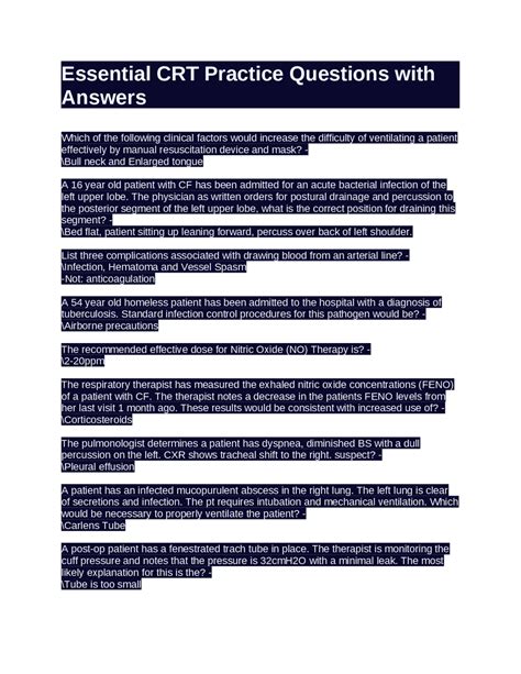 Essential CRT Practice Questions with Answers | Exams Medicine | Docsity