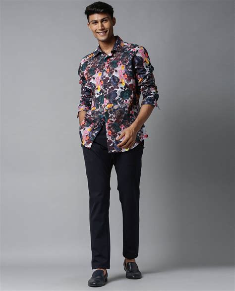 Rare Rabbit Men's Drakee White Cotton Floral Print Regular Fit Full Sl