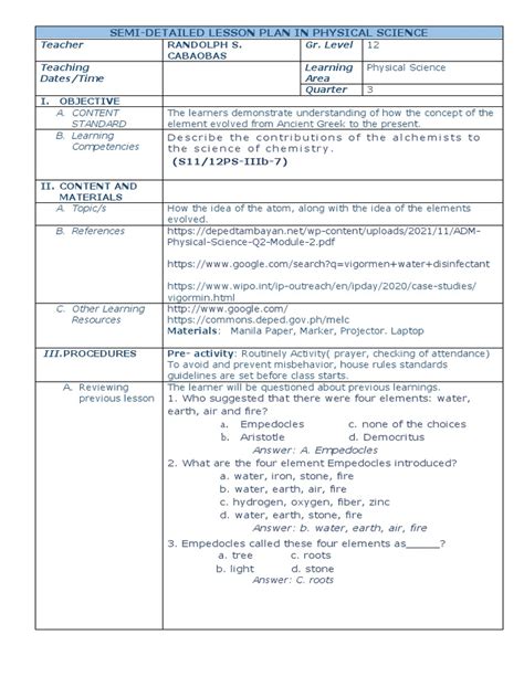 Image result for Detailed Lesson Plan in Physical Science