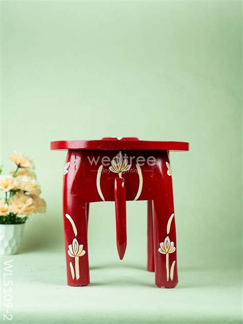Hand Painted Floral Design Elephant Stool - 12 inch - Red - WL5109-2 ...