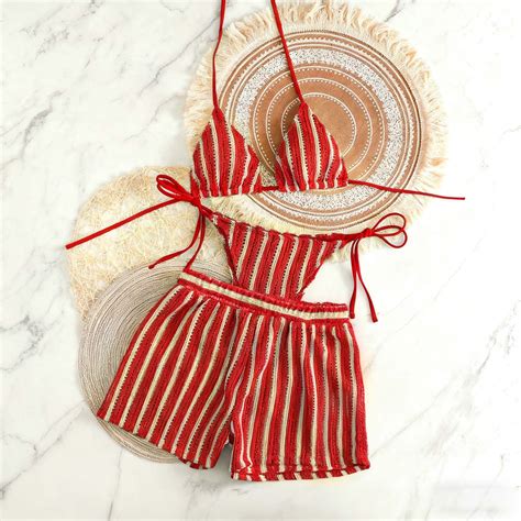 Aobny Bikinis Women Swimsuits 3 Piece Striped Bathing Suits Triangle ...