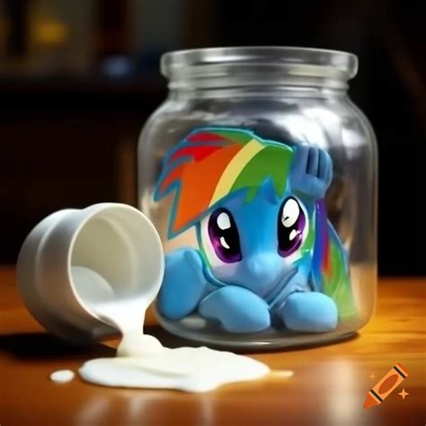 Rainbow Dash character stuck in jar filled with white glue on Craiyon