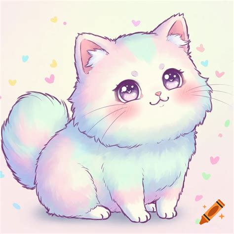 A fluffy, pastel, kawaii cat with large anime eyes smiles, surrounded ...