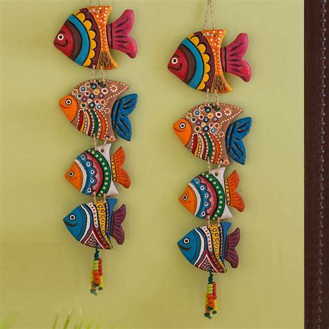 Buy Exclusivelane Terracotta Wall Hanging Set of 2 | 'Coloured Fish ...