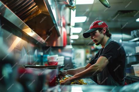 Premium Photo | Fast food restaurant worker at a commercial kitchen