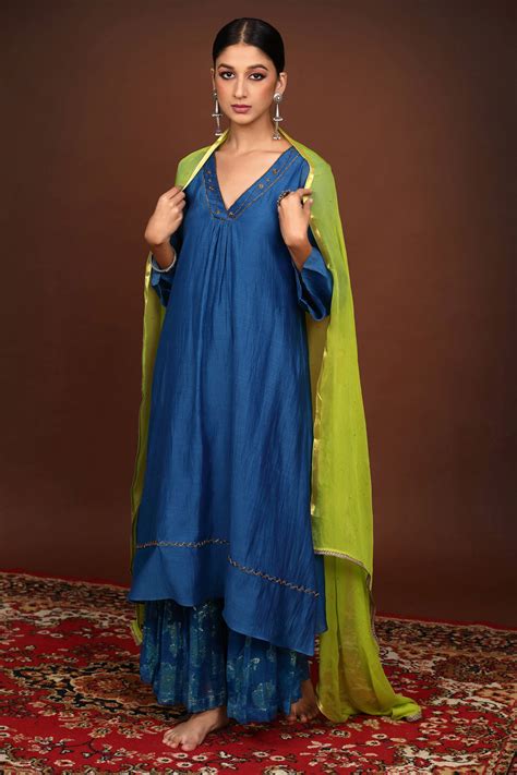 Blue hand Embroidered Chanderi Suit Set with Brass Yellow Dupatta ...