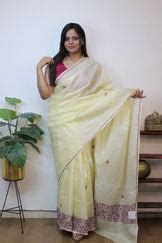 Off White Embroidered Kashmiri Sozni Work Pure Silk Saree - Luxurionworld