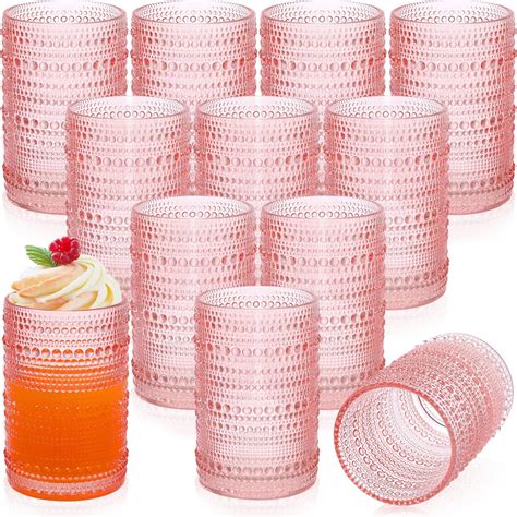 Amazon.com | Roshtia 12 Set Pink Hobnail Beaded Drinking Glasses 15 oz ...