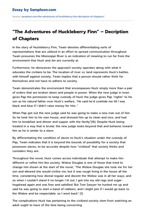 "The Adventures of Huckleberry Finn". Decription of Chapters Free Essay ...