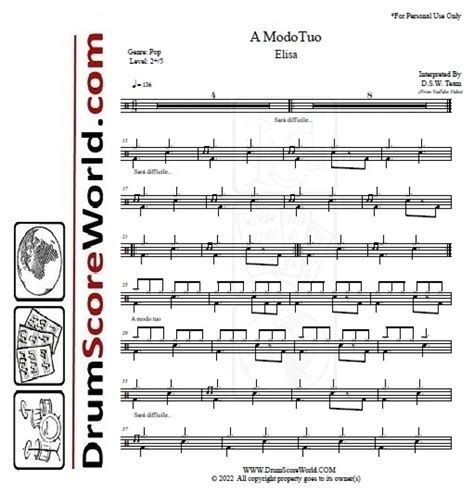 Elisa - A modo tuo - Drum Score,Drum Sheet,Drum Note,Drum Transcription ...