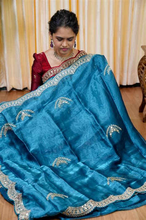 Space silk tissue sarees with heavy embroidery chumky work blouse unst ...