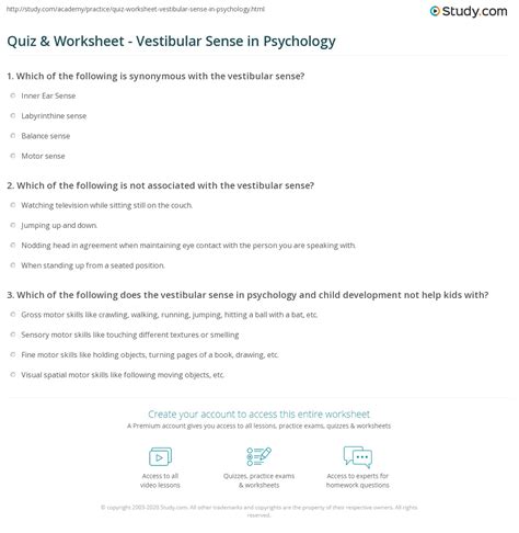 Quiz & Worksheet - Vestibular Sense in Psychology | Study.com