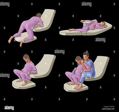 Illustration of four different birthing positions: all fours, lying ...