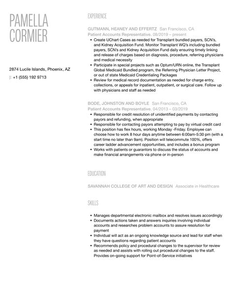 Patient Accounts Representative Resume Samples | Velvet Jobs