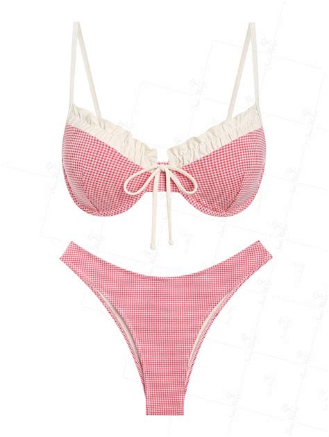 Seamolly Gingham Spliced Ruffles Trim Tied Underwire Bikini Set