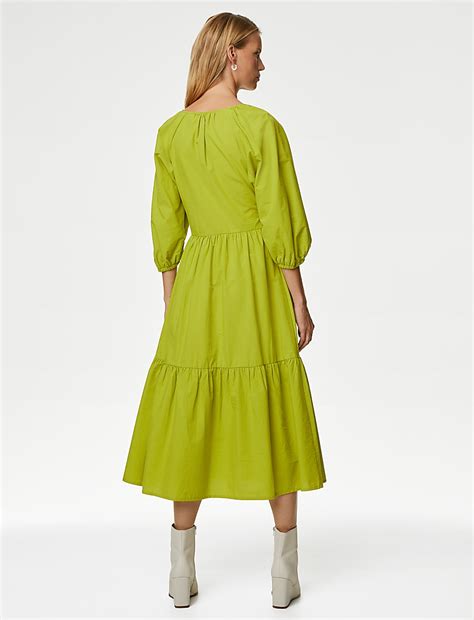 Buy Pure Cotton V-Neck Ruched Midi Tiered Dress at Marks & Spencer