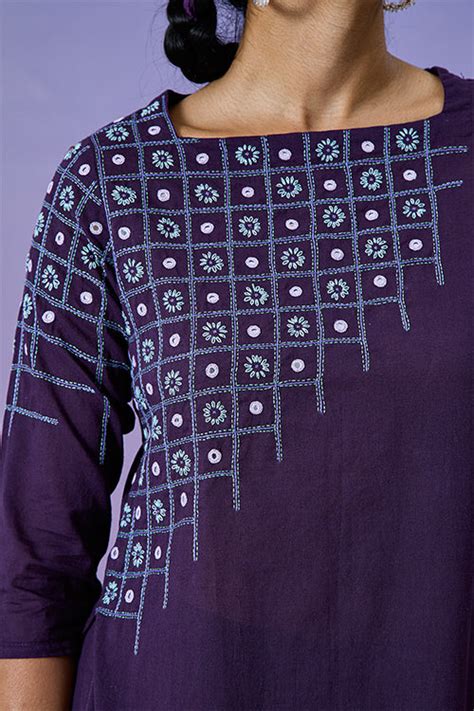 Buy Okhai Resilient Purple Pure Cotton Hand Embroidered Kurta Pant Set ...
