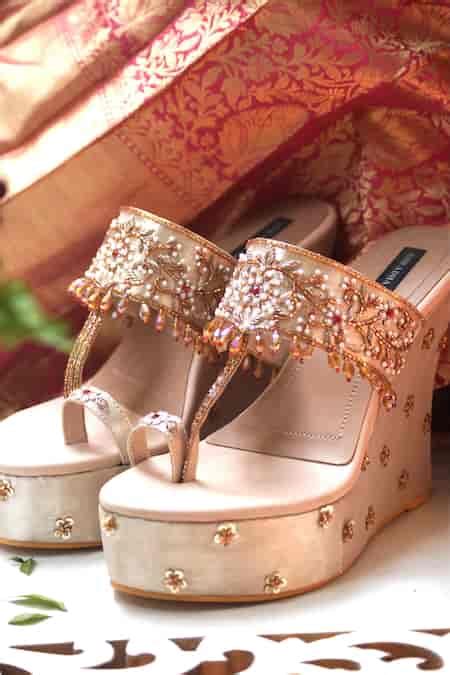 Buy Gold Embellished Rozinah Cutdana Embroidered Kolhapuri Wedges by ...