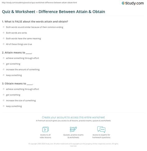 Quiz & Worksheet - Difference Between Attain & Obtain | Study.com
