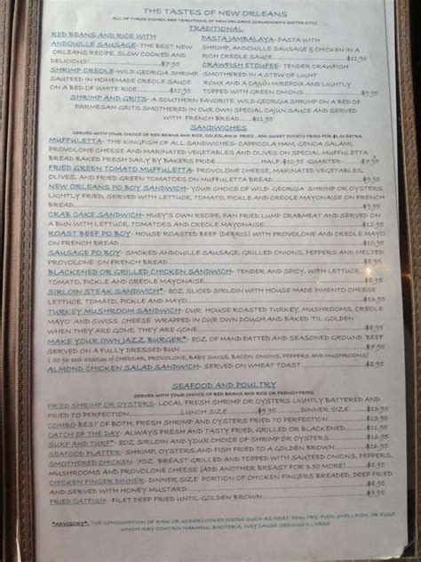 Menu at Huey's restaurant, Savannah, 115 E River St