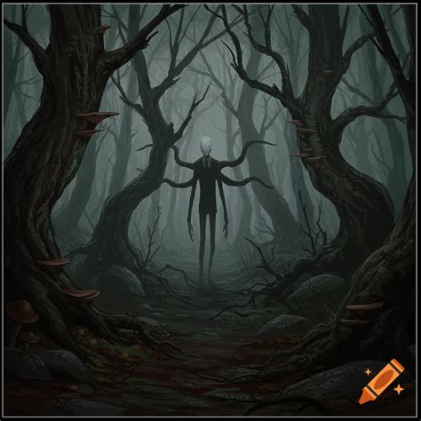 A tall, slender, pale figure with multiple arms in a dark forest. on ...