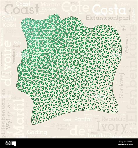 Ivory Coast map design. Country names in different languages and map shape with geometric low ...