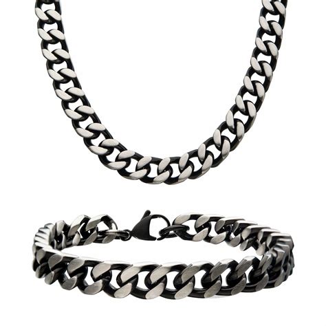 Buy Black and Silver tone Stainless Steel Curb chain and Bracelet Set ...