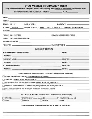 Fillable Online Vital Medical Information Form 2023 - Essential Health ...