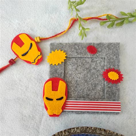 Buy Photo Personalized Iron Man Theme Felt Rakhi Hamper With Roli ...