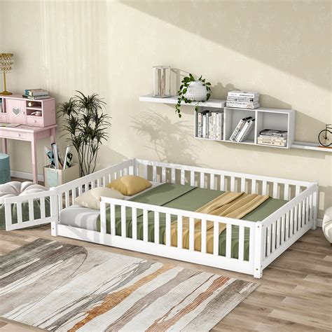 Full Size Children's Wooden Floor Bed, Montessori Bed Frame w/ Safety ...