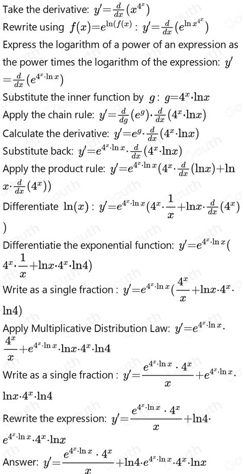 Solved: Find the derivative of y=x^(4^x) dy/dx= [algebra]