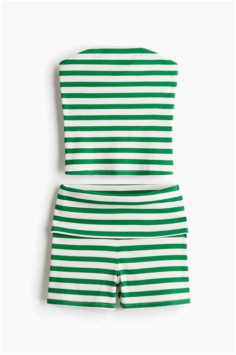 2-piece tube top and shorts set - Green/Striped - Ladies | H&M IN