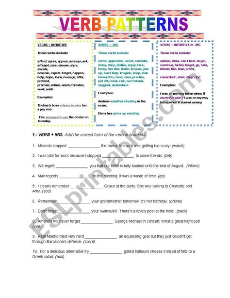 Verb Patterns Exercises 的图像结果