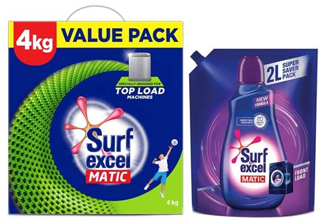 Surf Excel Matic 4Kg Value Pack & Liquid Detergent Front Load Pouch 2L ...
