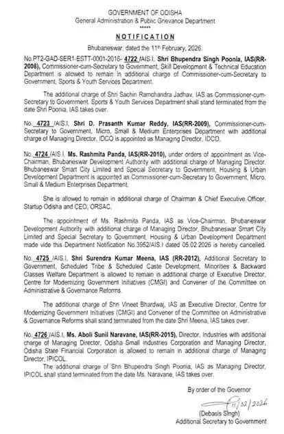 Odisha IAS Reshuffle Notification - 11 February 2026 | General ...