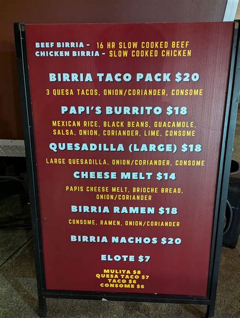 Menu at Papi's Birria Tacos Haberfield restaurant, Haberfield