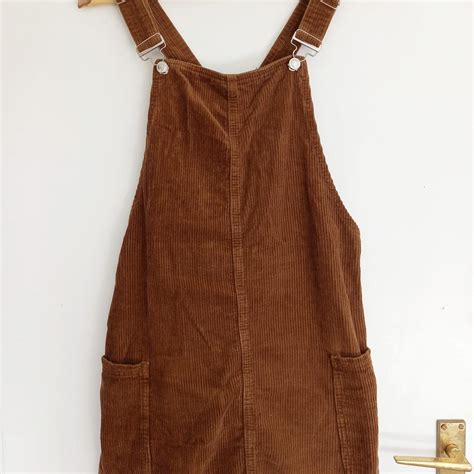 Brown Corduroy Pinafore Dress with Silver Metal... - Depop