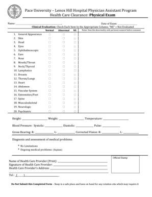 Fillable Online pace Physical Exam Form 2012 - PACE UNIVERSITY - pace ...