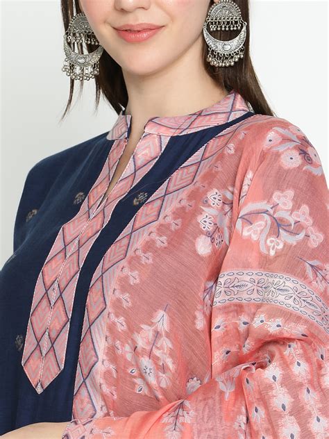 Buy Shingora Navy Blue Ethnic Motifs Woven Design Mandarin Collar ...