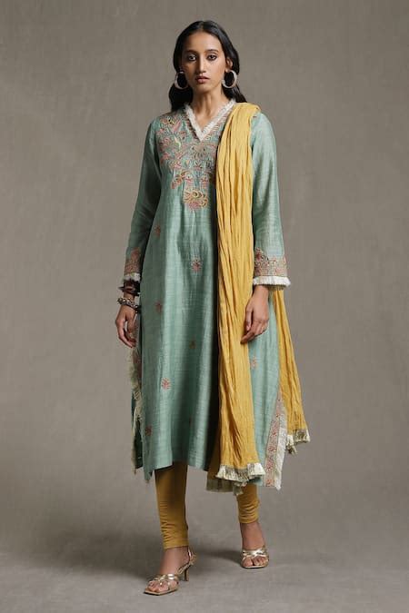 Buy Green Dupatta 66x50 Voile, Kurta Handloom Embroidered Set For Women ...