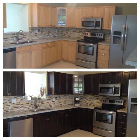 My kitchen before / after using wood stain. Stained Kitchen Cabinets ...