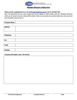Fillable Online Member Directory Listing Form - sfma.org.sg Fax Email ...