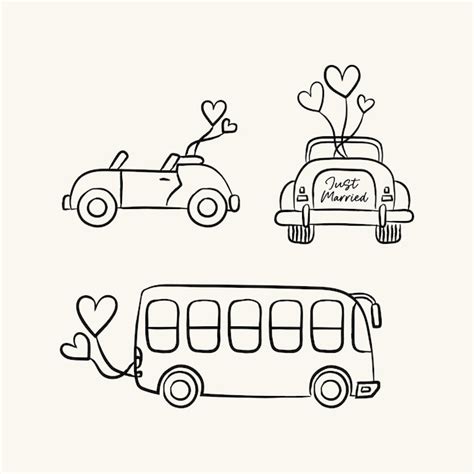 Wedding transportation handdrawn car bus and heart balloons | Premium ...